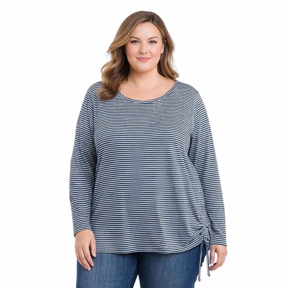 Evy's Tree Shirt Womens 1X Blue Striped Round Neck Long Sleeve Side Tie Top